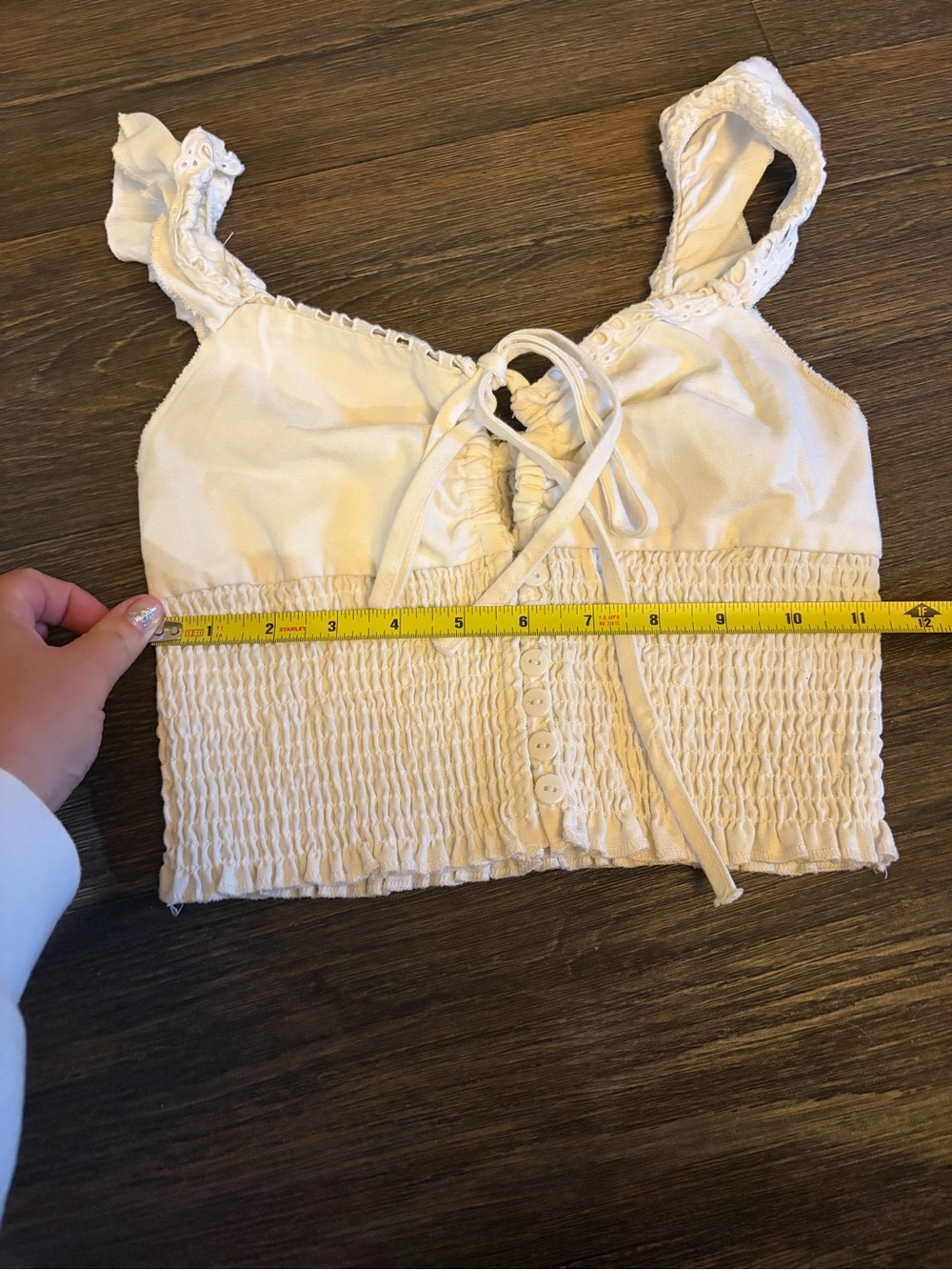 SHEKOU Women’s Peasant Smocked Cream Crop Top One Size - Picture 3 of 7